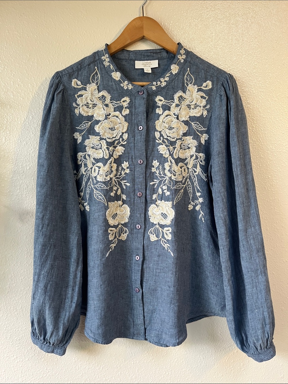 Linen Floral Feminine Embroidered Blue Button Down Shirt Charter Club Luxury M